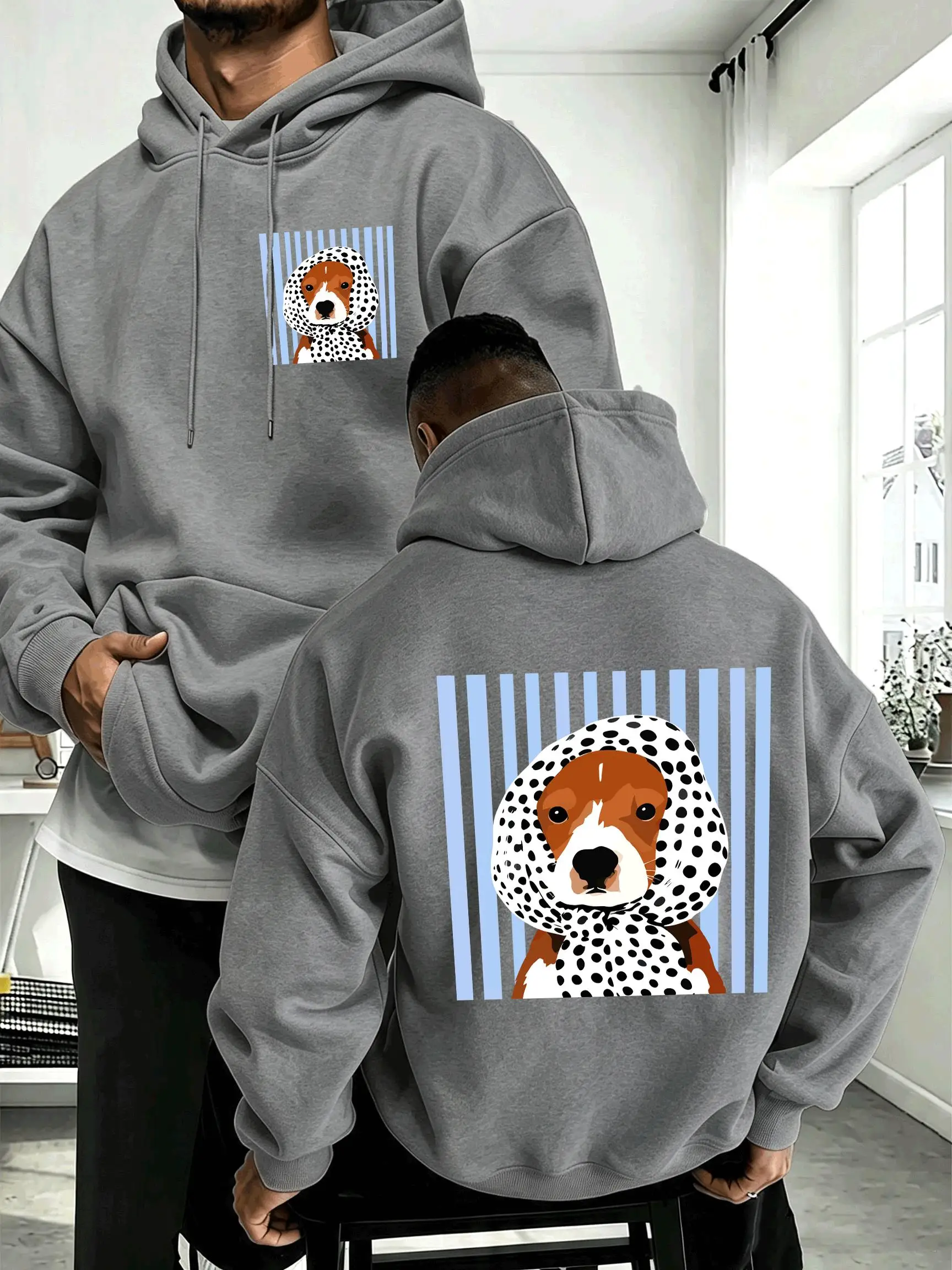 Blue Striped Headscarf Dog Print Men'S Hoodie Autumn Casual Hoody All-Match Fleece Hoodies Loose Comfortable Unisex Streetwear