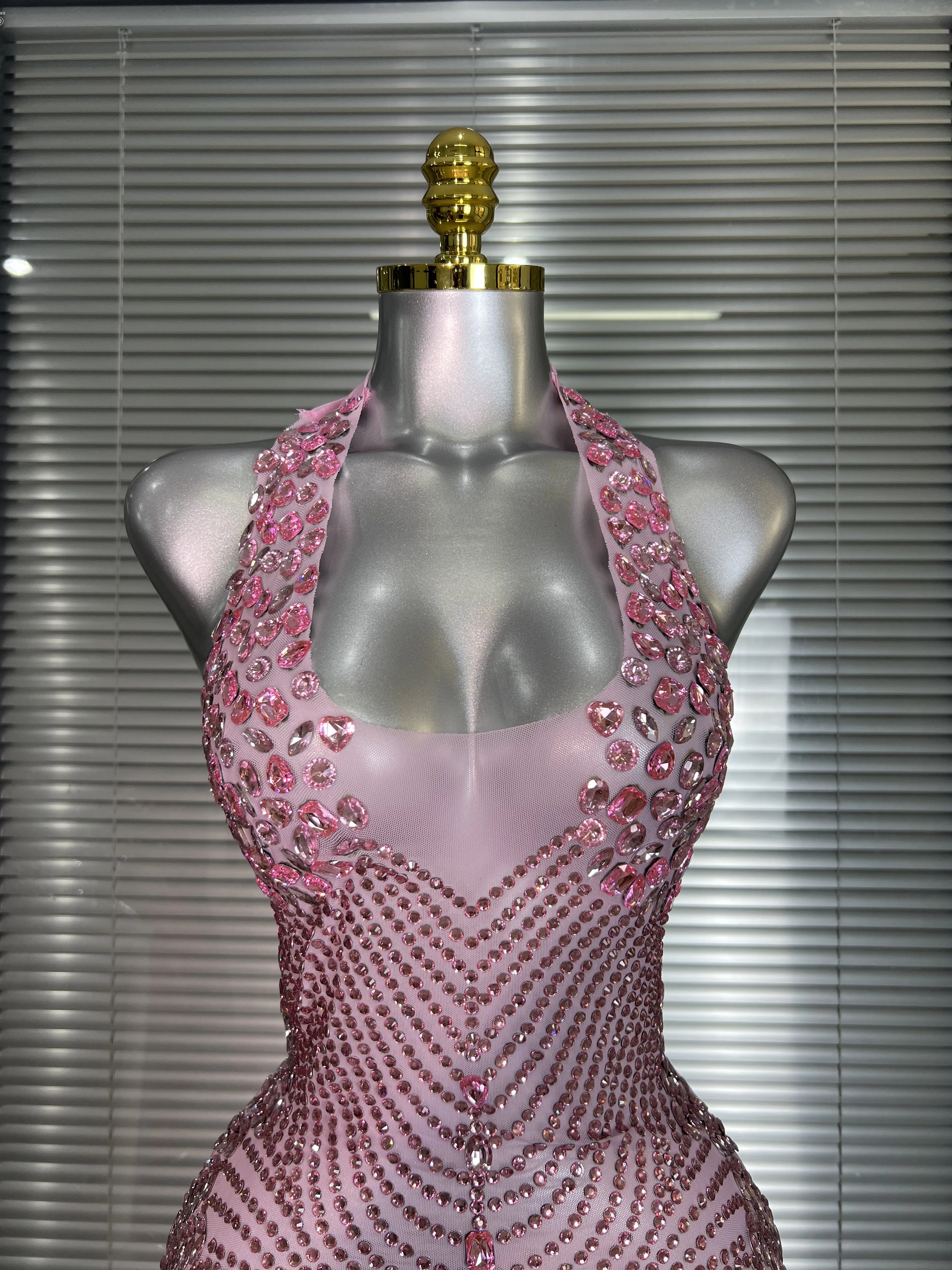 Celebrity New Women Sexy Pink Mesh Halter Stage Performance Costume Dancer Singer Night Club Mini Party Dress