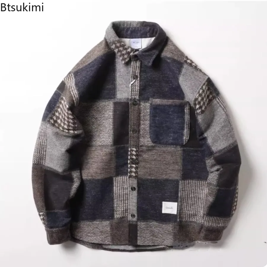 2026 Men's Woolen Blend Plaid Long Sleeved Shirt Fashion Casual Lapel Jacket Men Loose Color Block Coats Fashionable Streetwear