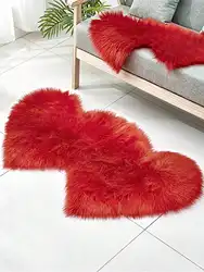 Long plush red double heart bedside bedroom and living room floor mat