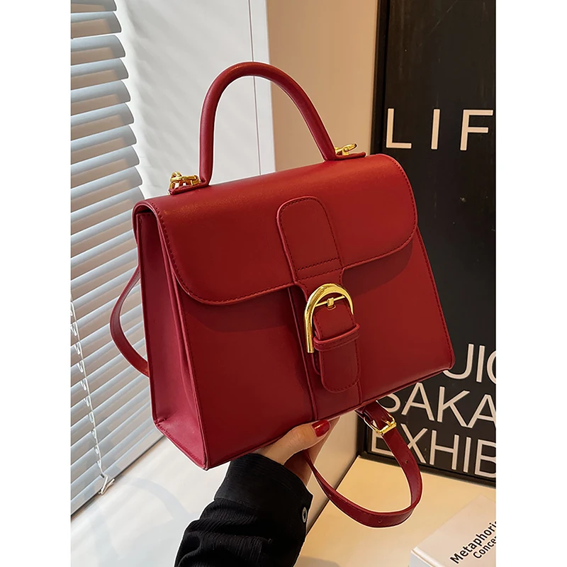 Red Simple Solid Handbag Female 2024 New Temperament Bridal Wedding Pack Large Capacity High Quality PU Leather Crossbody Bags