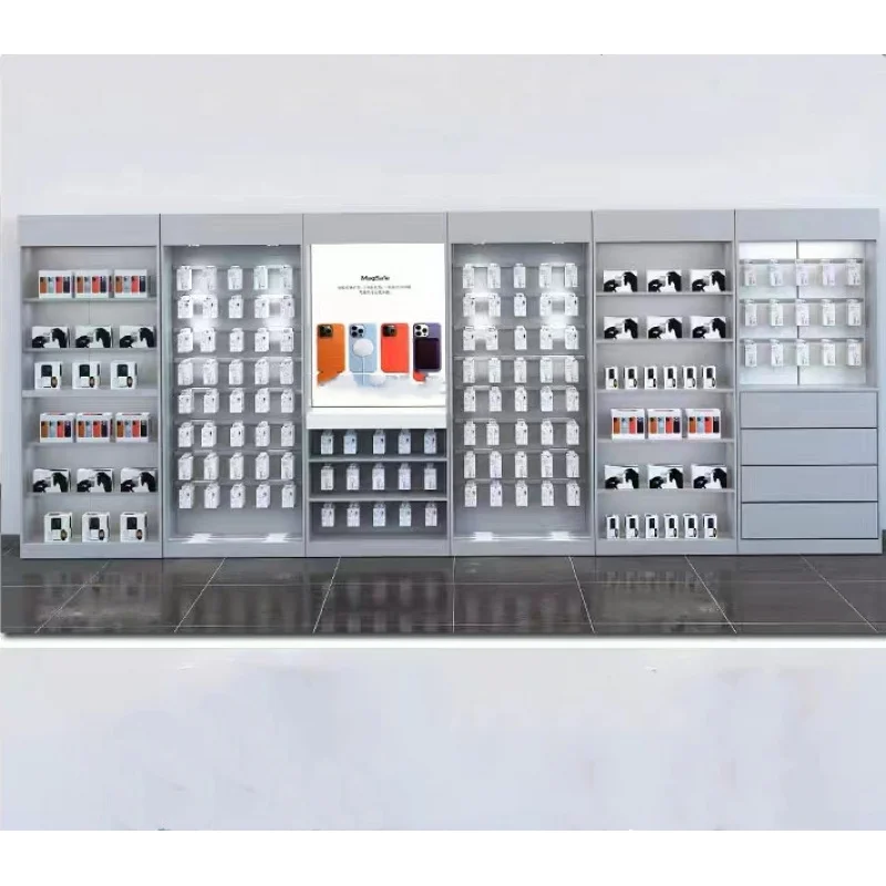 custom，Modern  Mobile Phone Accessories Cabinet Shelf  Phone Repair Shop Furniture Cell Phone Shop Wall Showcase with Logo