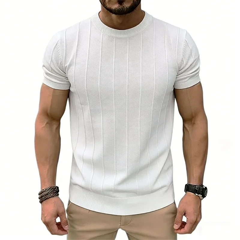 Summer Plus-size Cross-border Fashion Short-sleeved Knitted Sweater, T-shirt, Men's Striped Texture