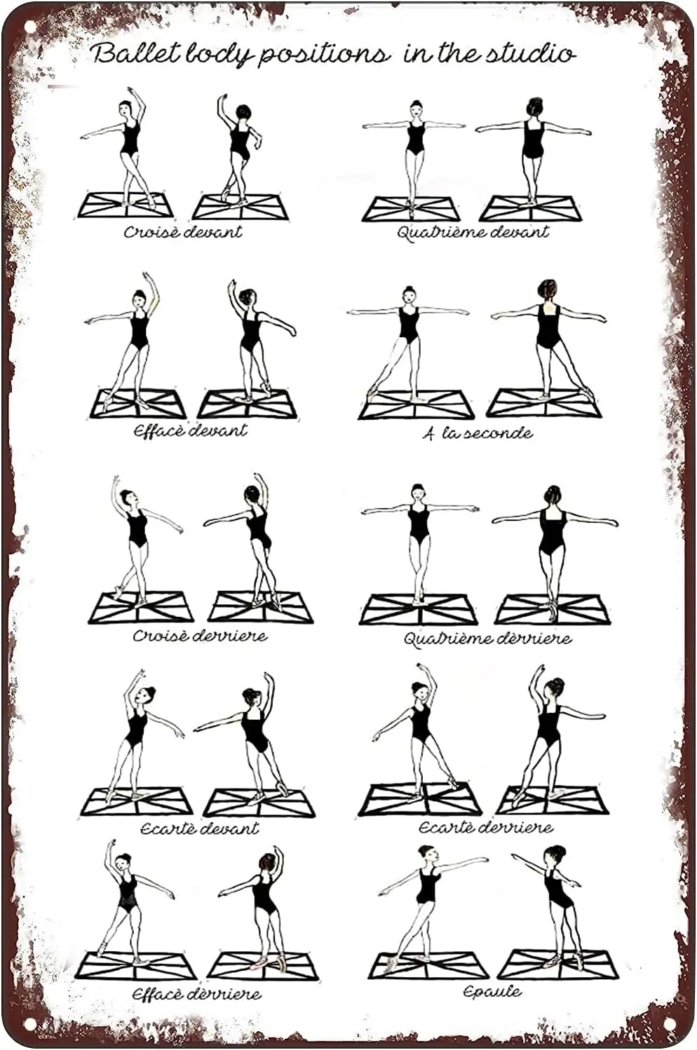 Letreros Metálicos Vintage - Posiciones de Ballet en el Estudio, Póster de Conocimientos de Ballet, Letrero Decorativo de Pared para el Hogar