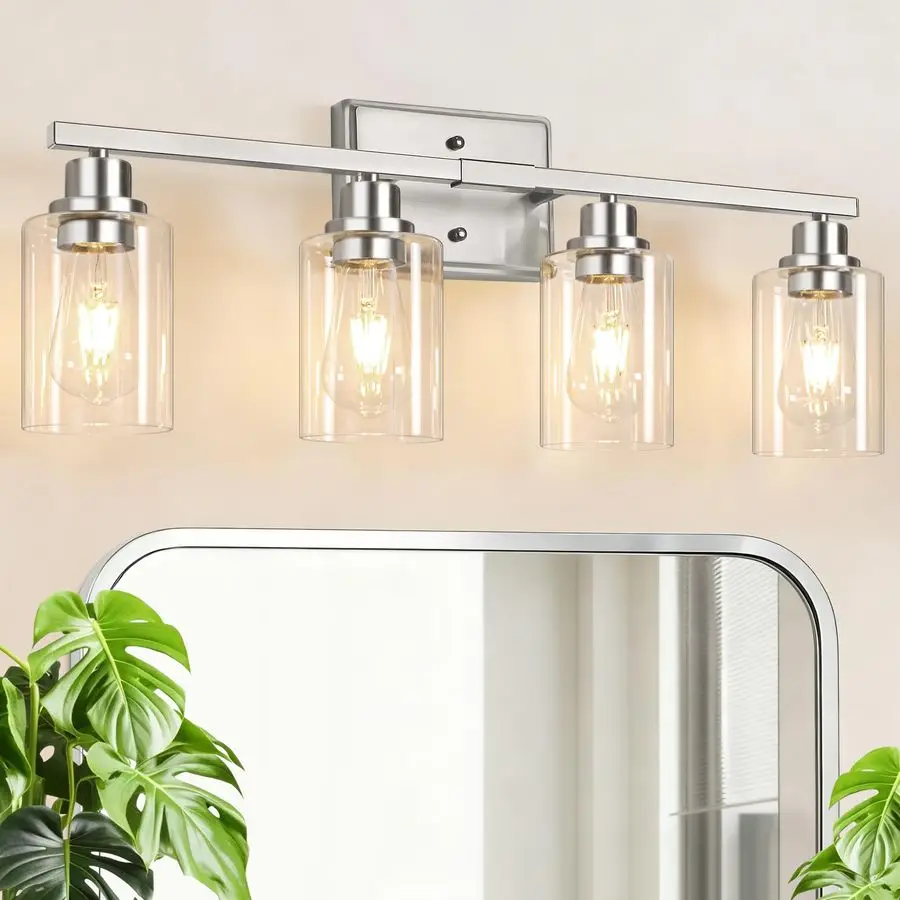 4Light Bathroom Light Fixtures, Modern Vanity Lights with Clear Glass Shades, Brushed Nickel Bathroom Wall Lamp for Mirror Livin
