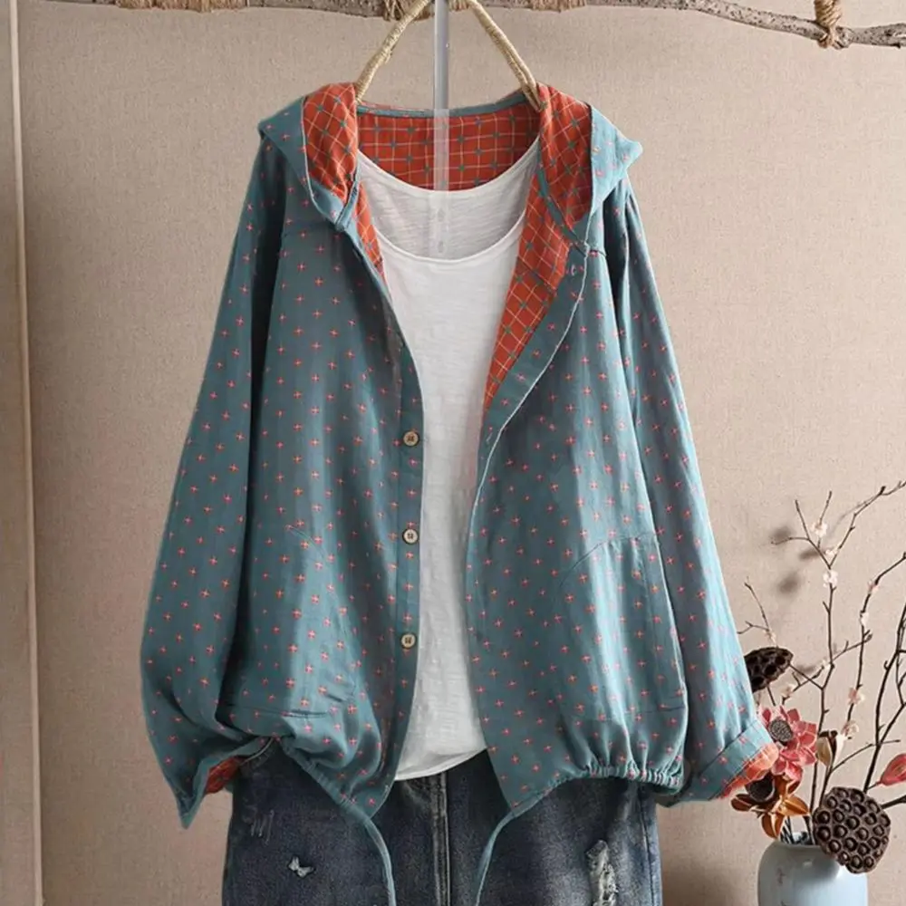 Women Spring Autumn Coat Hooded Drawstring Hem Long Sleeve Printing Loose Zipper Closure Jacket with Pockets Daily Wear Commutin