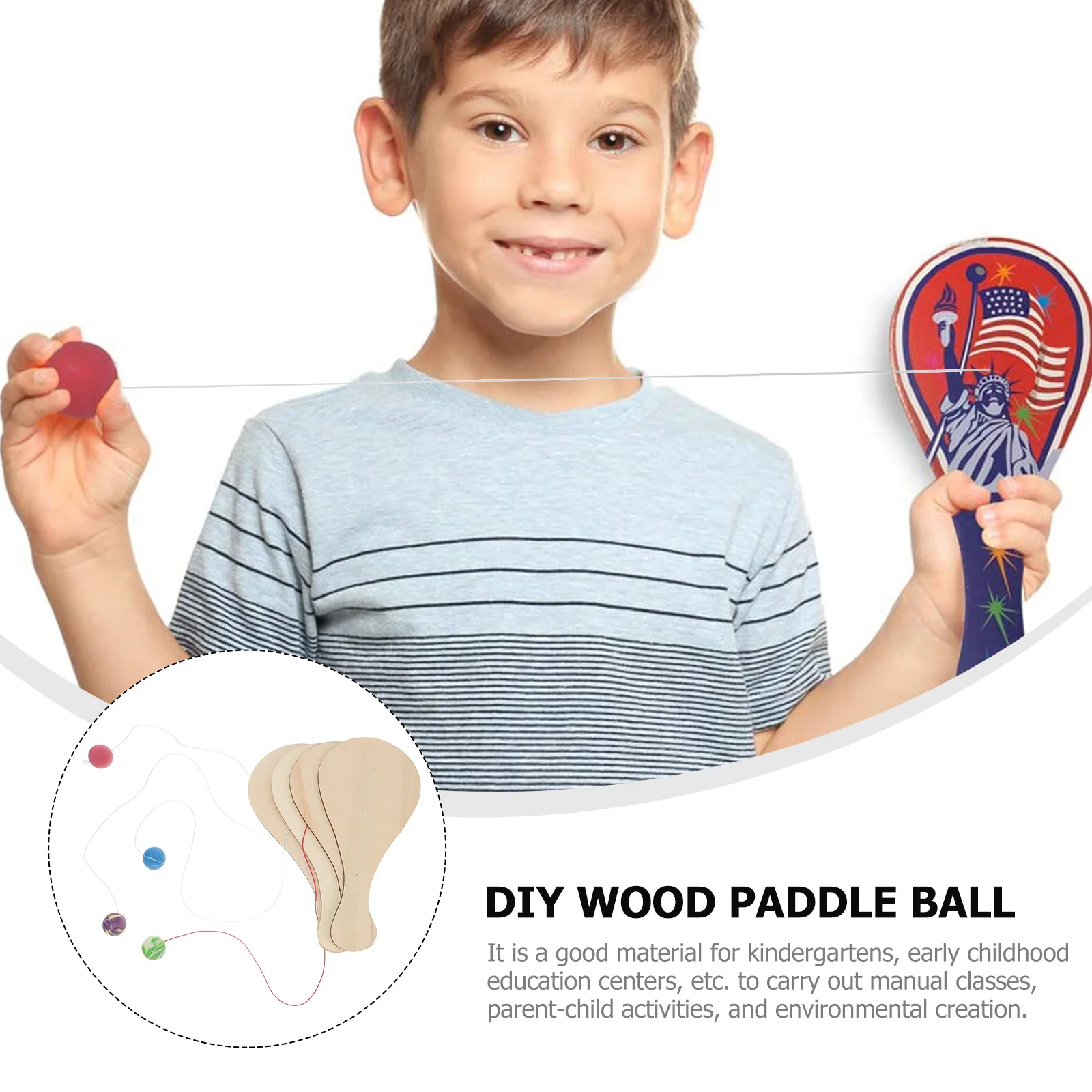 6 Pcs White Billet Wooden Racket Graffiti Paddle Ball Kids DIY Toddler