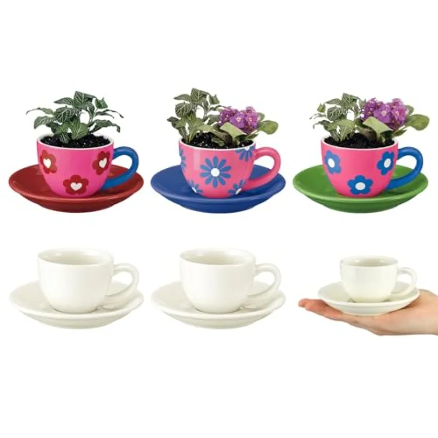

6 Sets Mother's Day Ceramics Teacup Craft Kit with Saucer Color Your Own Cup Flower Planter for Tea Party Crafts Pottery Painti