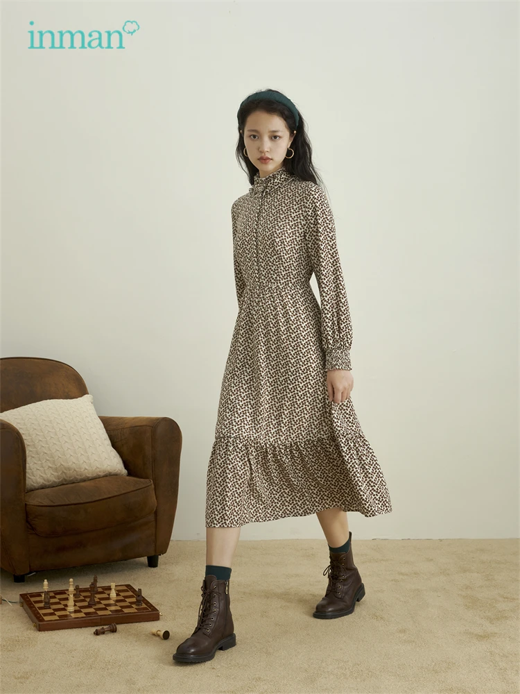 INMAN Women's Dress Spring Dress Vintage Dress For Women Wood Ear Stand Collar Collected Waist A-Line Long Sleeve Elegant Floral