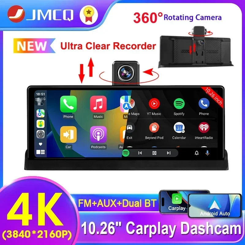 

JMCQ 10.26" Car Intelligent Screen with 4K 360° Rotation Dash Cam Wireless CarPlay & Android Auto AUX FM Bluetooth WIFI