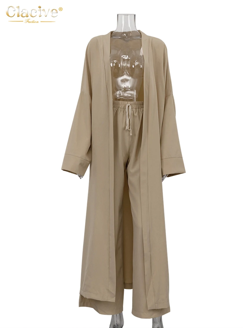 Clacive Fashion Loose Khaki 2 Piece Sets Women Outfit 2024 Casual Long Sleeve Robes With High Waist Wide Pants Set Streetwear