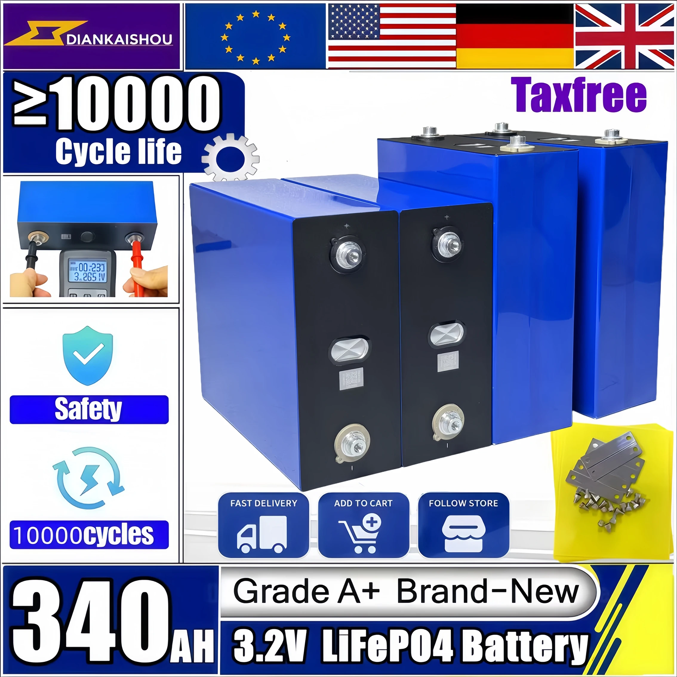 Lifepo4 3.2 فولت 340AH بطارية لتقوم بها بنفسك 12 فولت 24 فولت 48 فولت خلية قابلة للشحن ل RV عربات المعسكر EV قوارب يخت عربات الغولف رافعة شوكية الخليط الشمسي