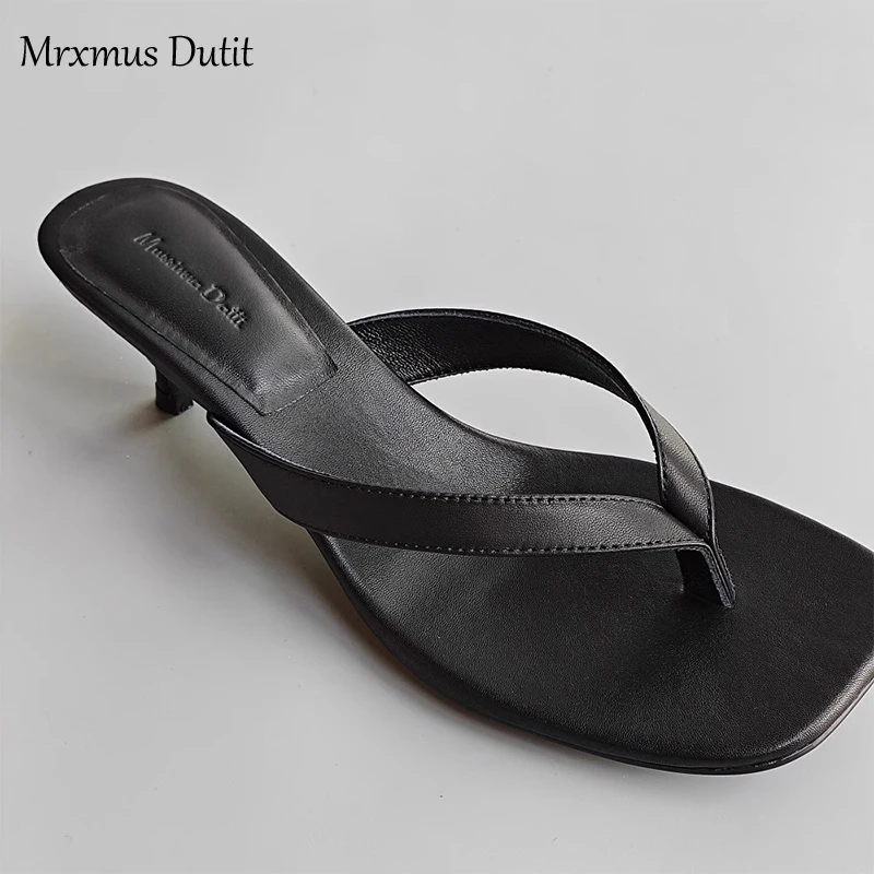 Mrxmus Dutit 2024 New Summer Fashion Genuine Leather Square Head Flip Flops Women Simple Casual Mid Heel Shoes Female Chic