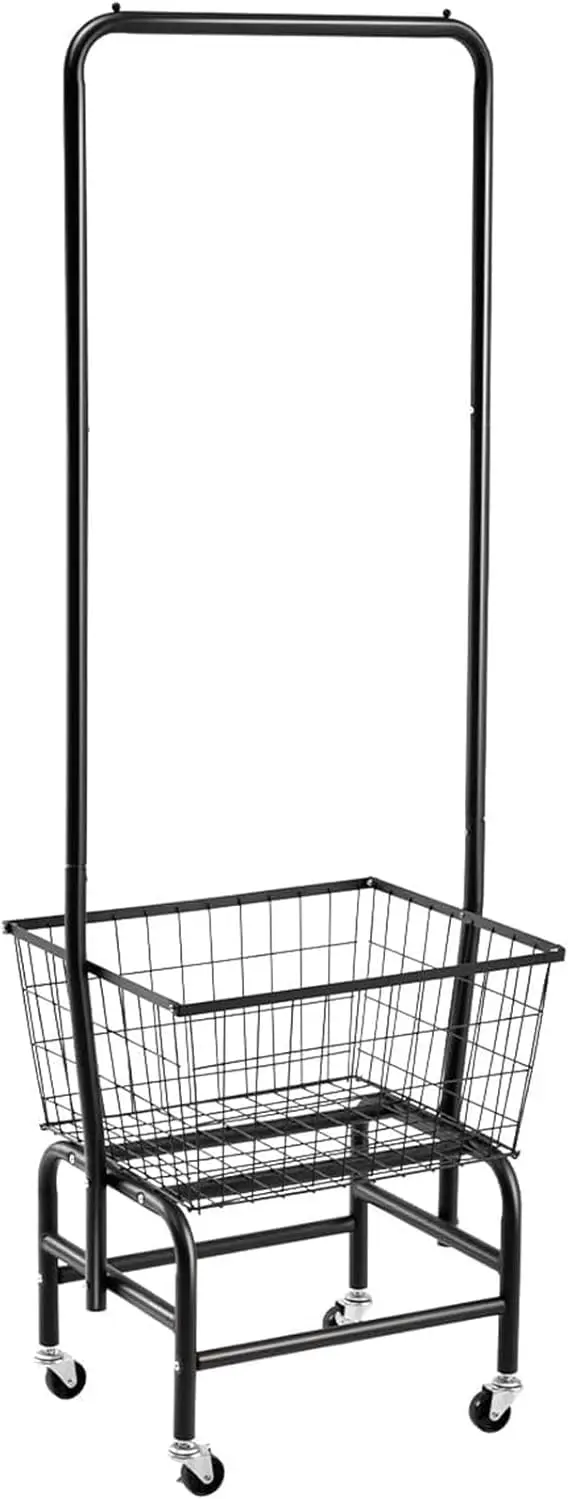 

Rolling Laundry Cart with Clothes Rack and Wire Storage, Black - Portable Organizer for Home