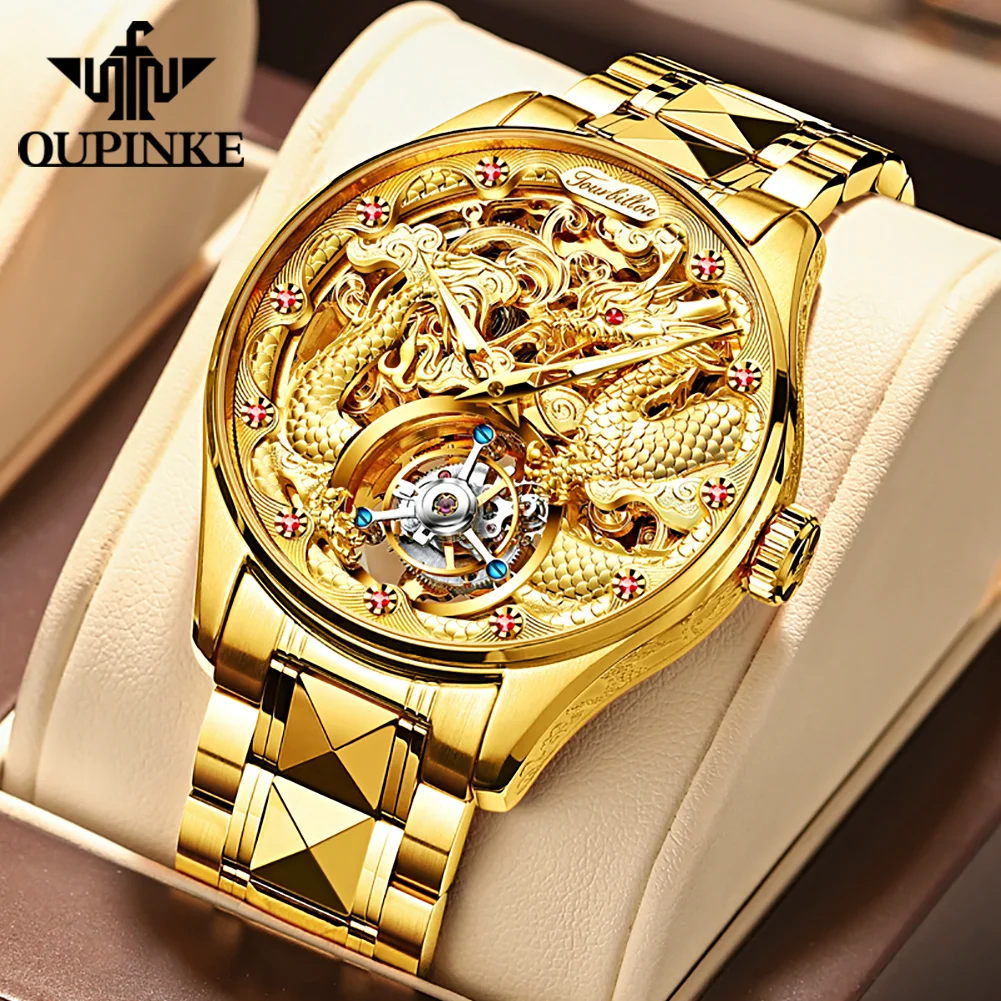 OUPINKE 3176 Mechanical Men Watch 3D Golden Dragon Top Luxury Watch Ruby Tourbillon Automatic Watch Waterproof