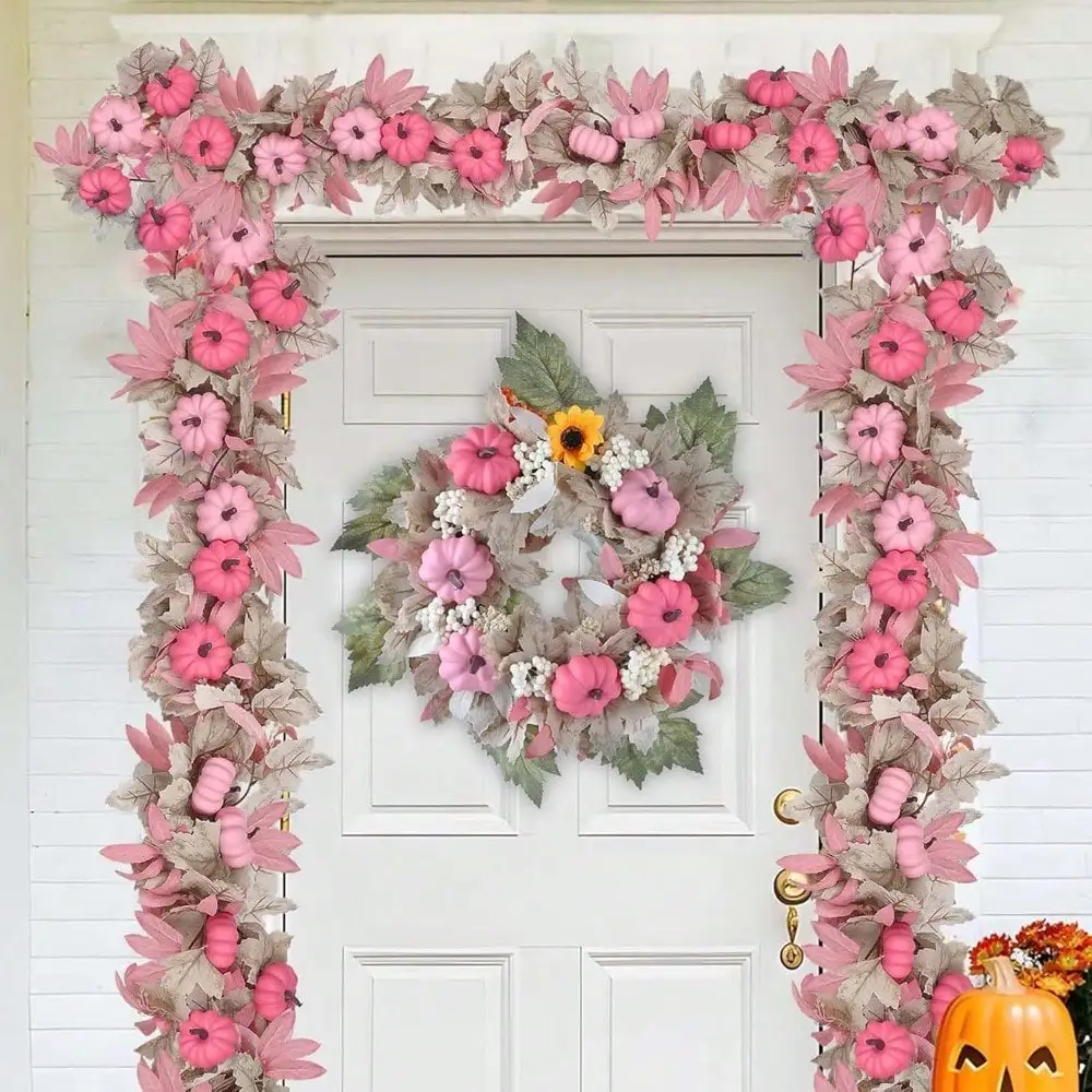 Pink Pumpkin Garlands Halloween Decorations 5.6FT Artificial Maple Leaf Vines Hanging Garland Thanksgiving Fall Mantle Fireplace Decor (Pink, 68 Inches) - view 2