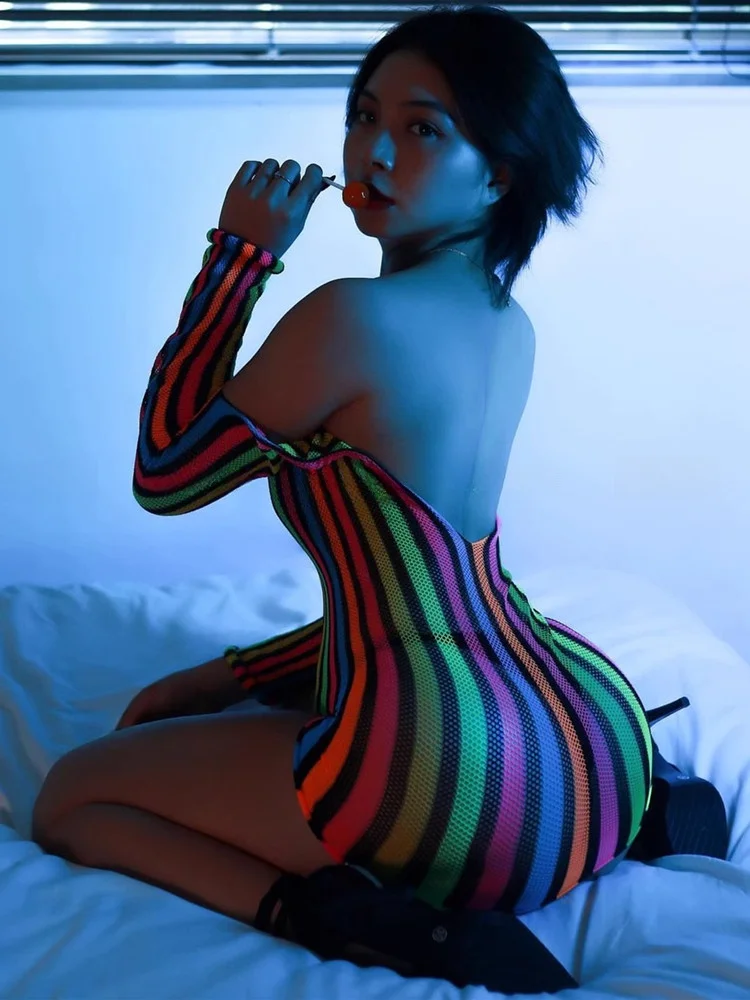 

Радужные юбки с открытой спиной, эротическая сетчатая одежда, женская экзотическая одежда, ажурное прозрачное плотное белье, порно нижнее белье Babydoll