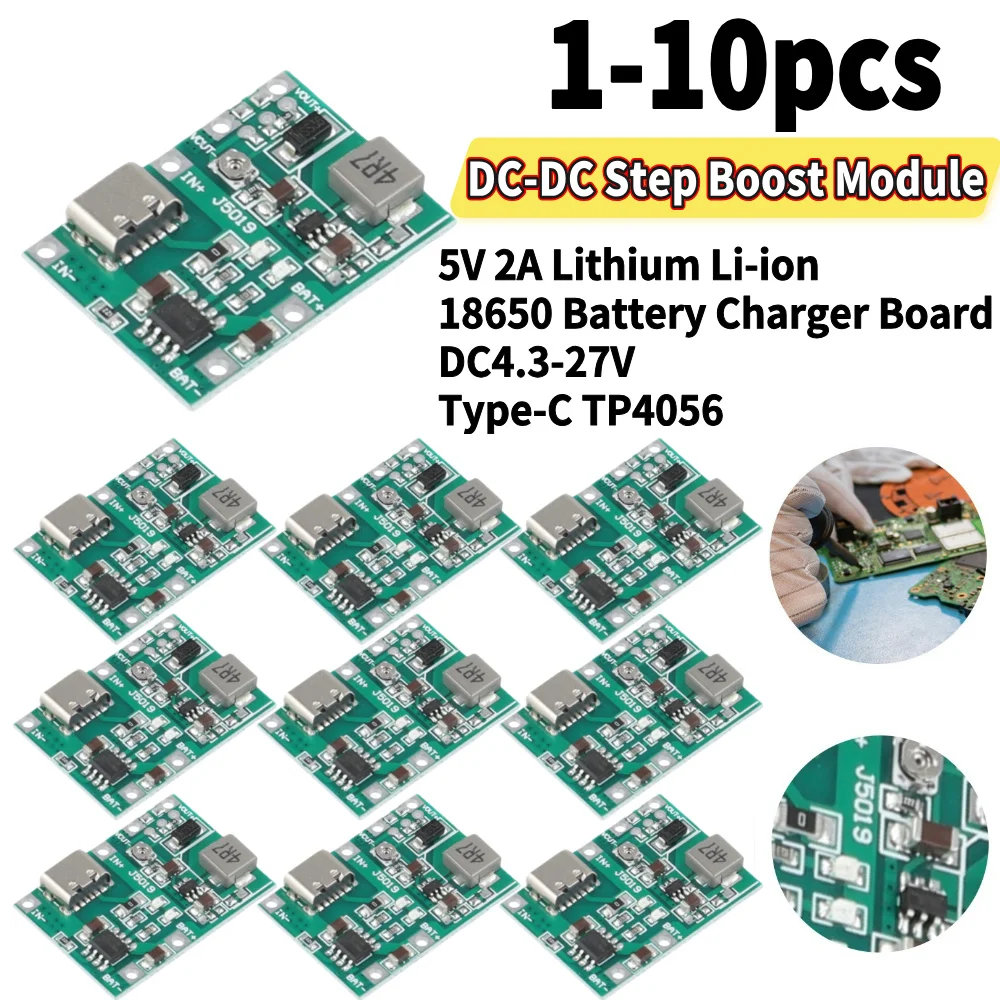 Lithium Li-ion 18650 4.2V 5V 2A Battery Charger Board DC-DC Step Up Boost Module Type-C TP4056 DC4.3-27V Adjustable DIY Kit Part