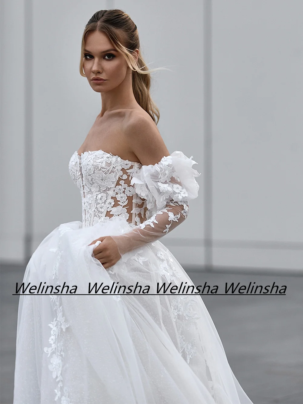 Robe de Mariée en Dentelle à Manches sulfavec Ceinture en Perles, Paillettes, Tulle, Style Boho, avec Traîne de Balayage