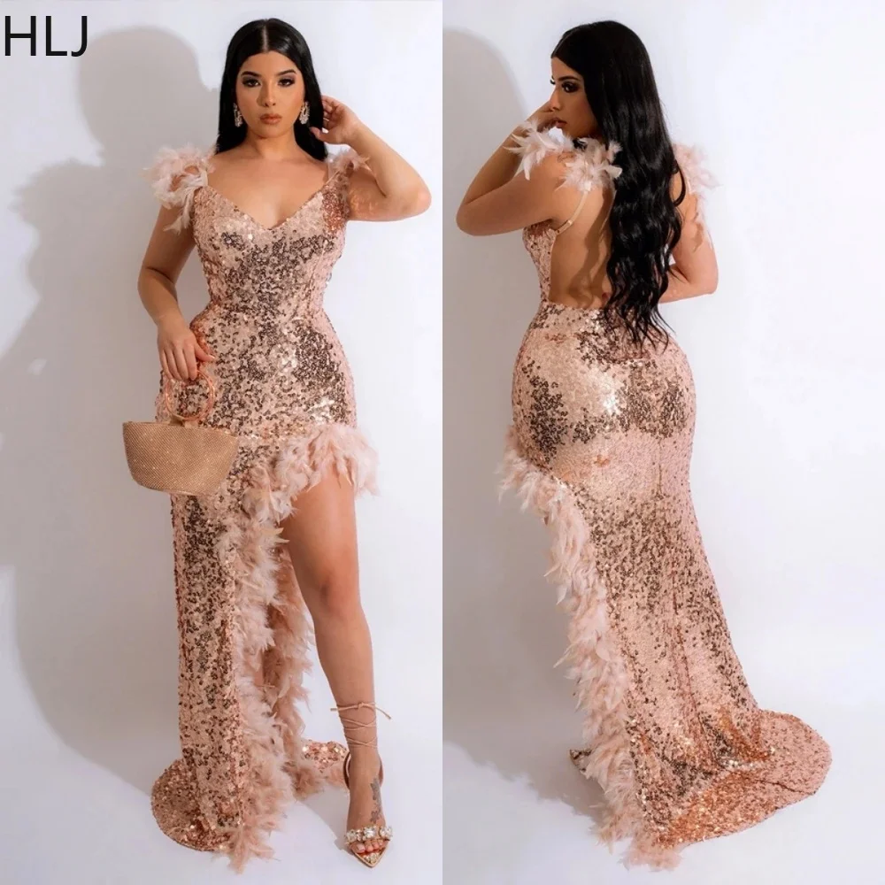 HLJ Sexy Night Club Formal Prom Dresses Elegant Gold Sequined Feather Maxi Dress Women Backless High Slit Cocktail Party Vestido