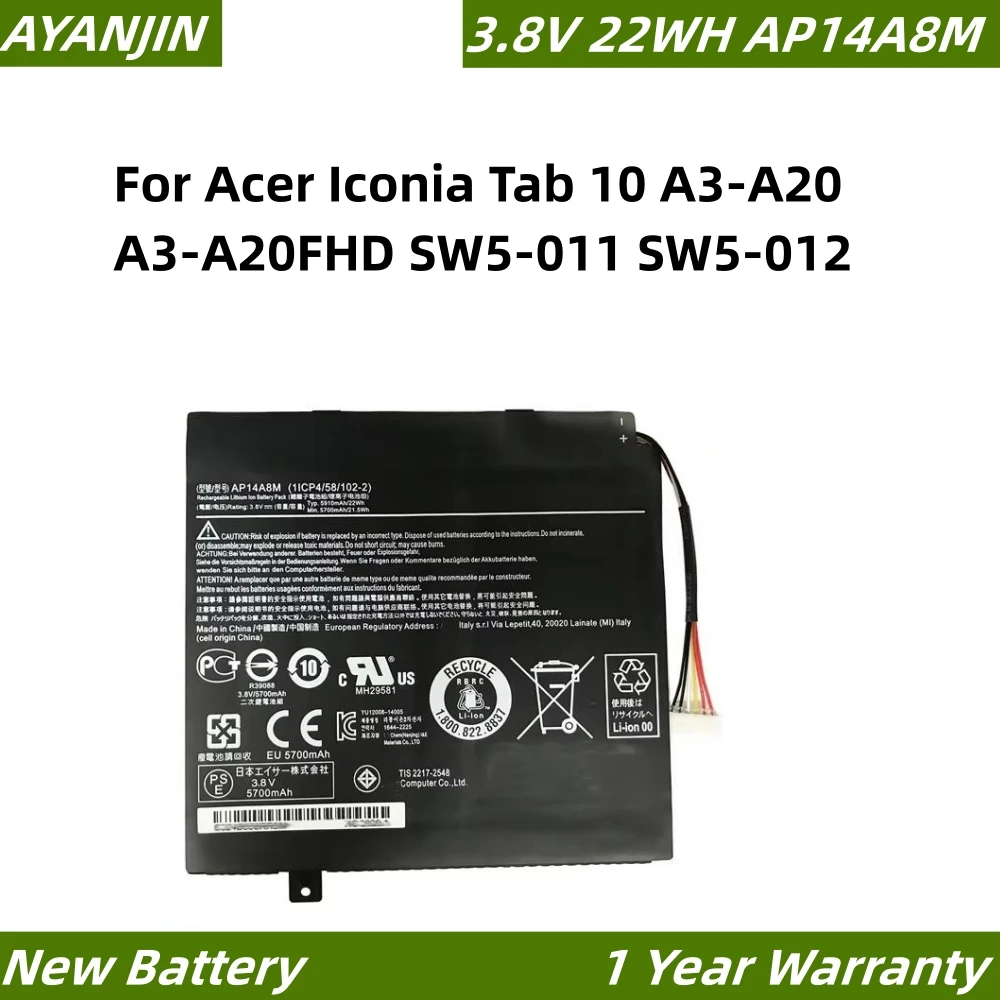 

AP14A8M 22WH Laptop Battery For Acer Iconia Tab 10 A3-A20 A3-A20FHD SW5-011 SW5-012 AP14A4M 3.8V 5910mAh