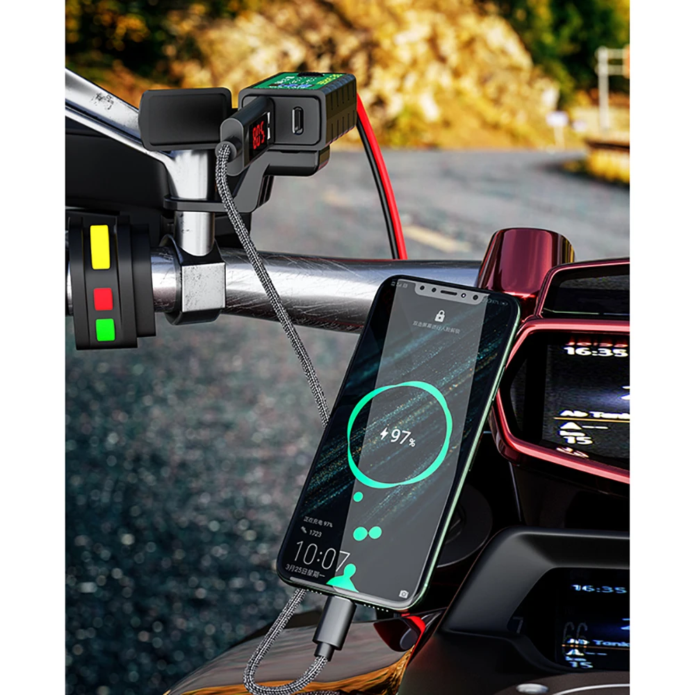 

Motorcycle USB Charger with Voltmeter On/Off Switch 12V SAE to Dual USB Fast Charging Adapter for Phone 3.1A/4.8A TYPE-C