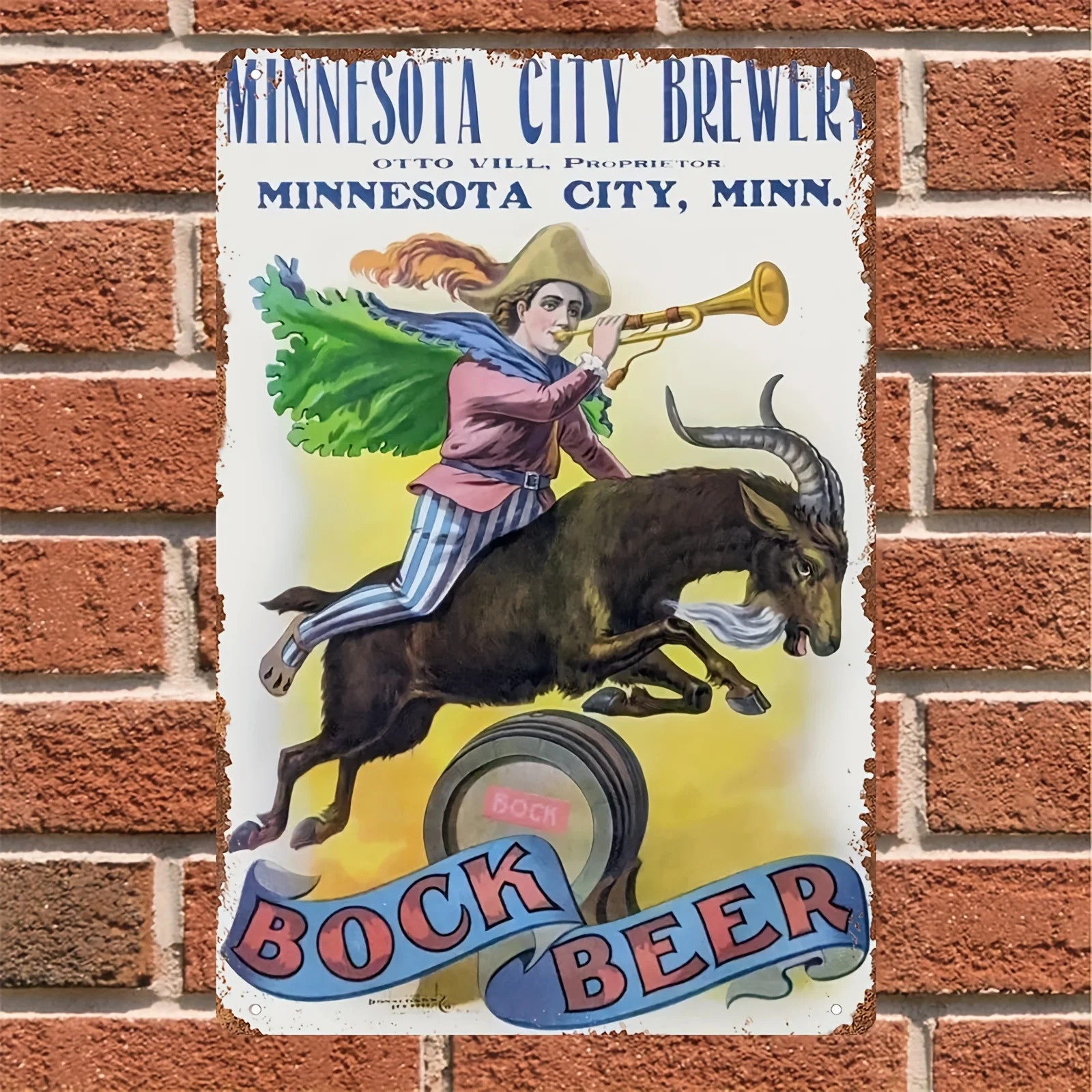 Letrero metálico vintage de la cervecería Bock Beer Minnesota City - Decoración de pared retro con Otto Vill y la mejor cervecería de la ciudad, New E