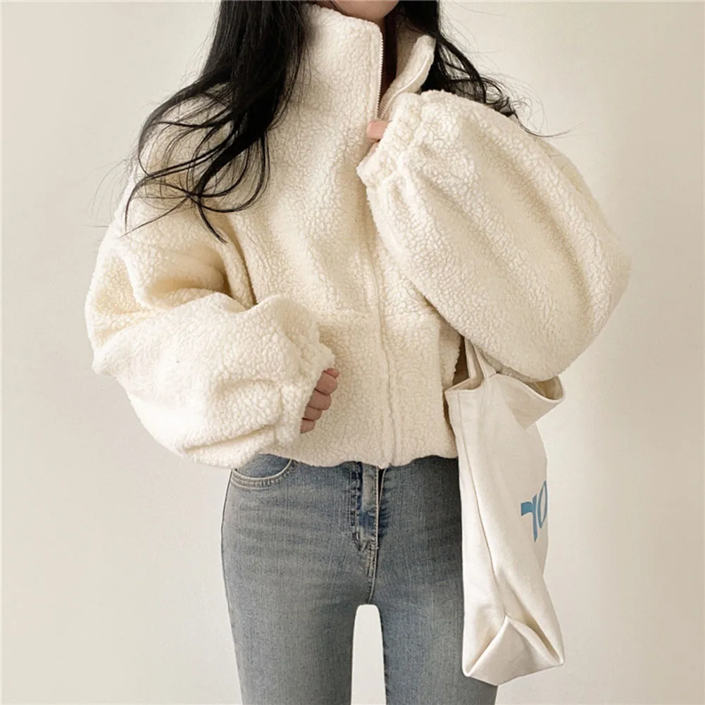 Women Jackets for Autumn Winter Thickened Loose Fit Stand Collar Cropped Sweatshirt Coat with Long Sleeves and Zip