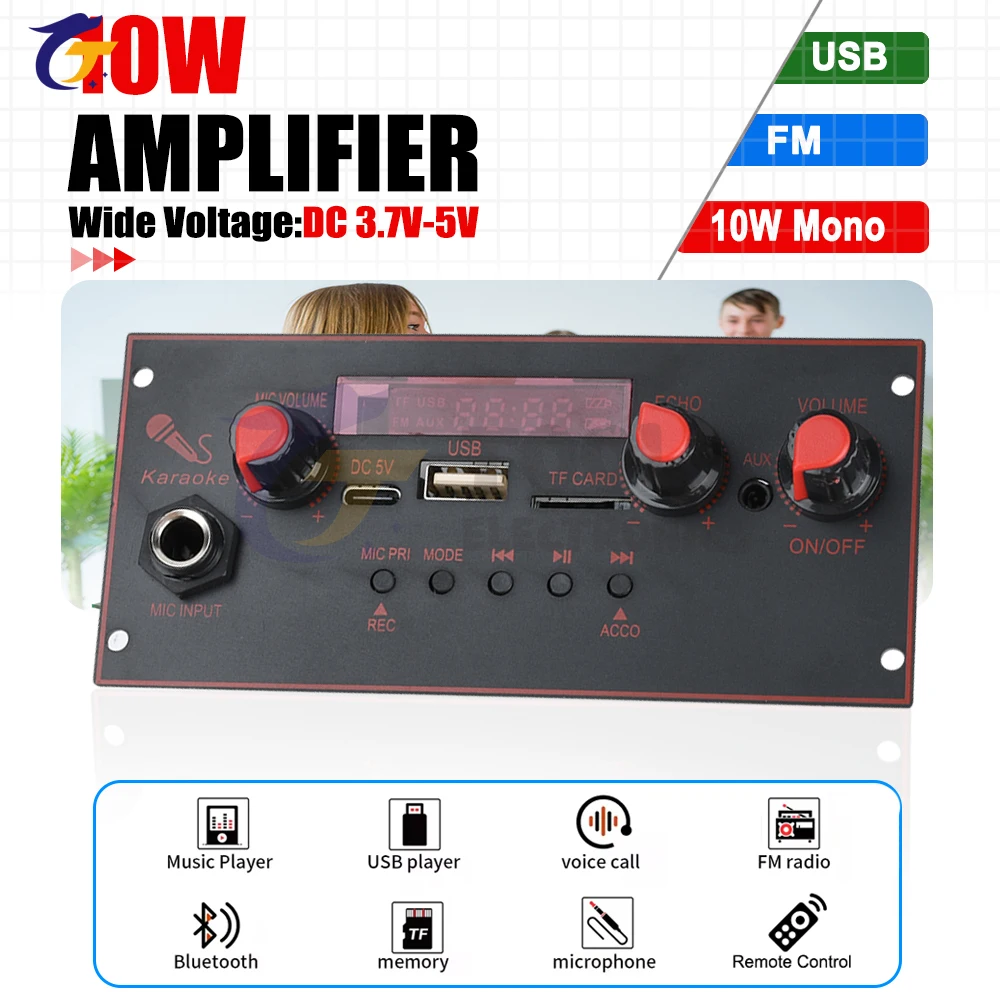 

DC 3.7-5V Single Channel BT 5.0 Amplifier Module 10W Audio Amplifier MP3 Decoder Board Support MP3 Player TF AUX USB Record FM
