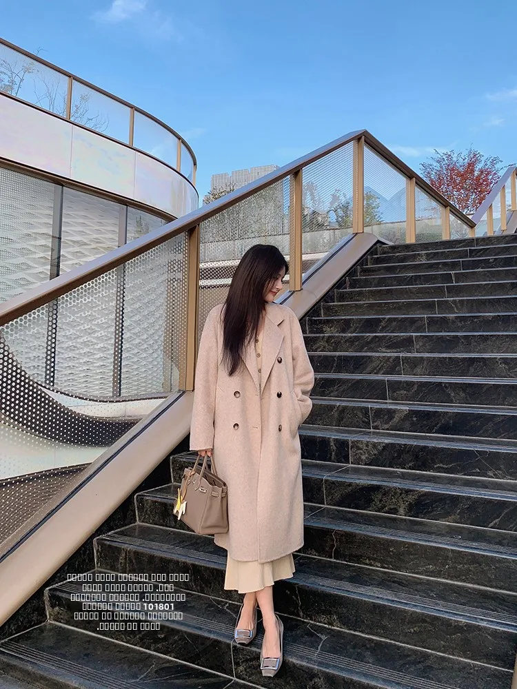 

Классическое двубортное шерстяное пальто из камвольной шерсти для женщин, зимнее, маленького размера, твидовое, свободного кроя, с длинными рукавами, с отложным воротником