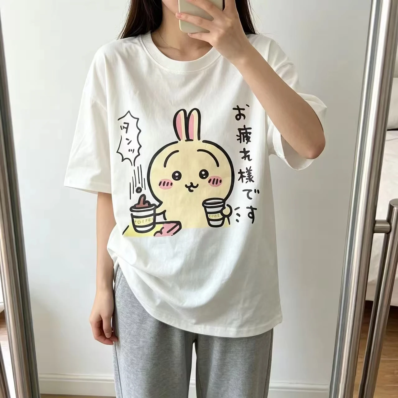 Japanese Usagi Chiikawa Couple Printed Short Sleeved Shirt Sweat-absorbing Cute Usagi Versatile T-shirt Comfortable Pure Cotton