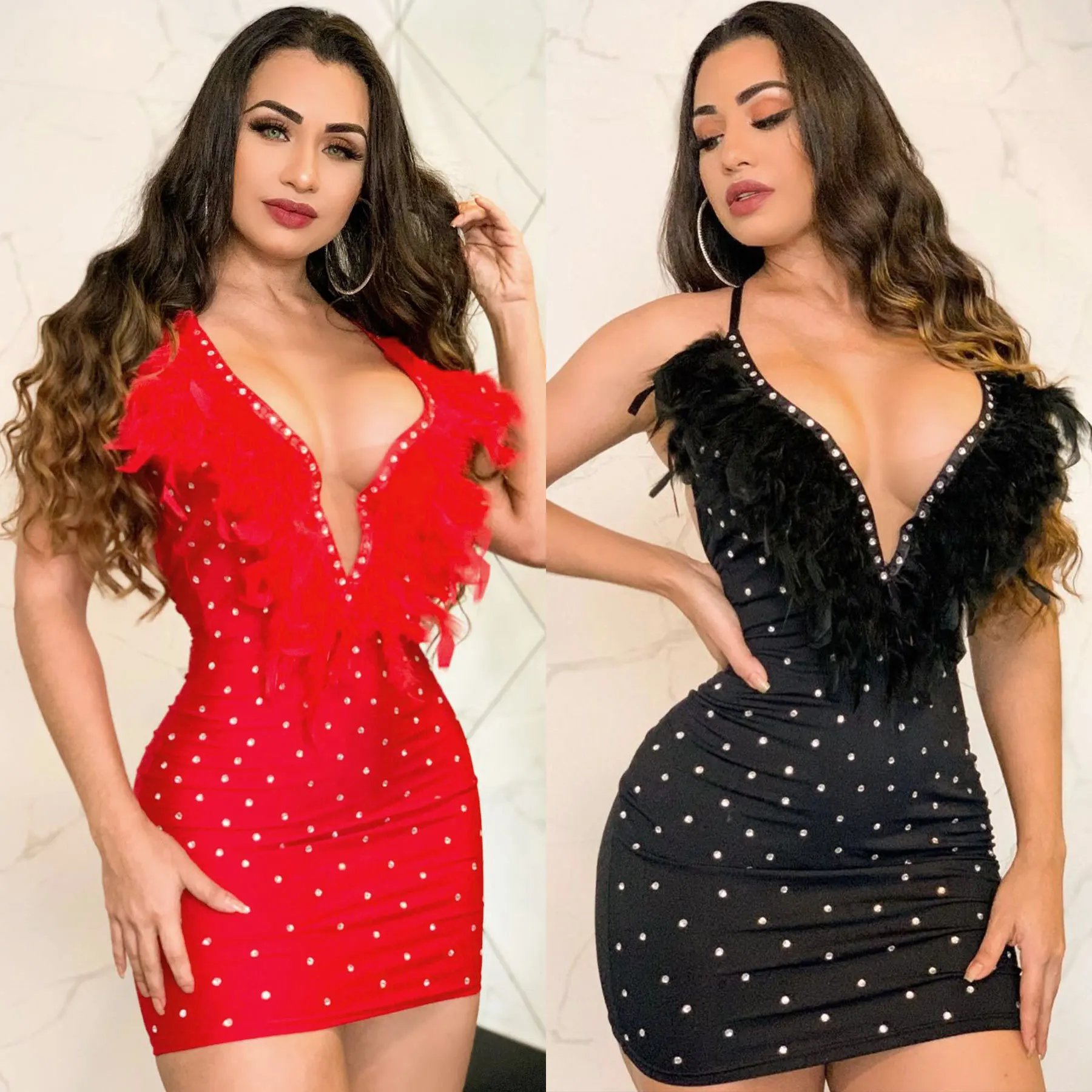 

EINY y2k Sexy Club Party Night Feathers Rhinestones Birthday Dresses for Woman Elegant Backless Diamonds Bodycon Dress Vestidos