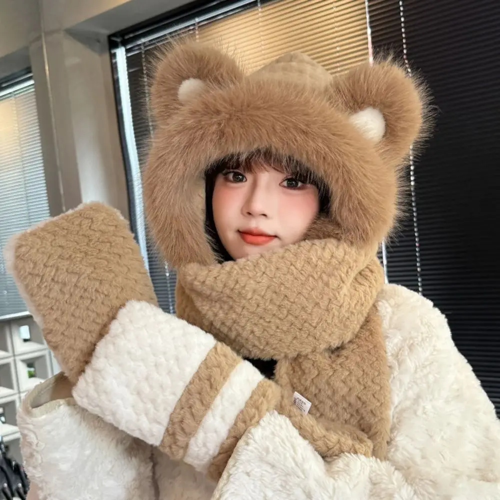High-Value Bear Protection Hat Soft Plush Pullover Integrated Cap Gloves Scarf Thickened Design Windproof Ear Protection Hat