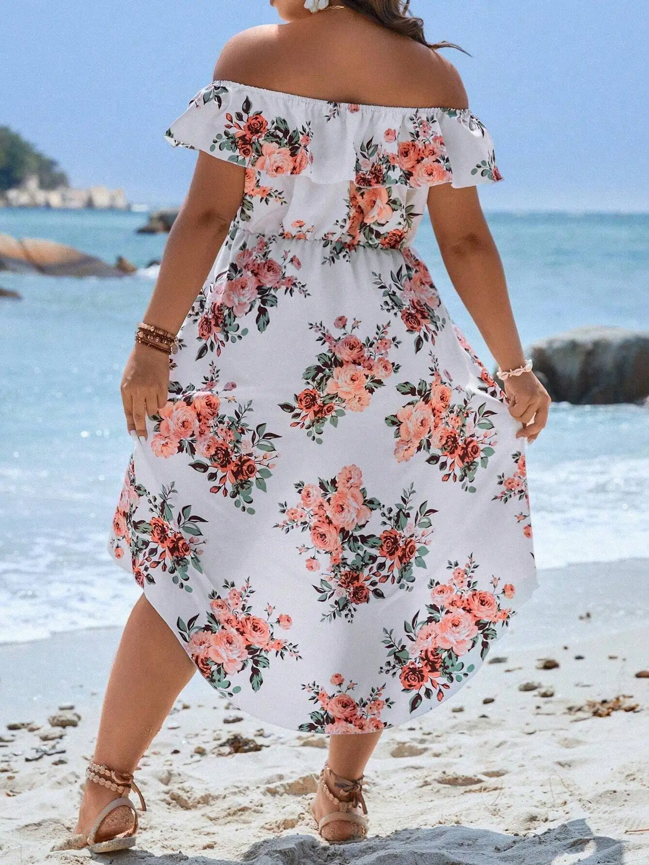 

Off Shoulder Floral Print Wrap Hem Boho Summer Dress