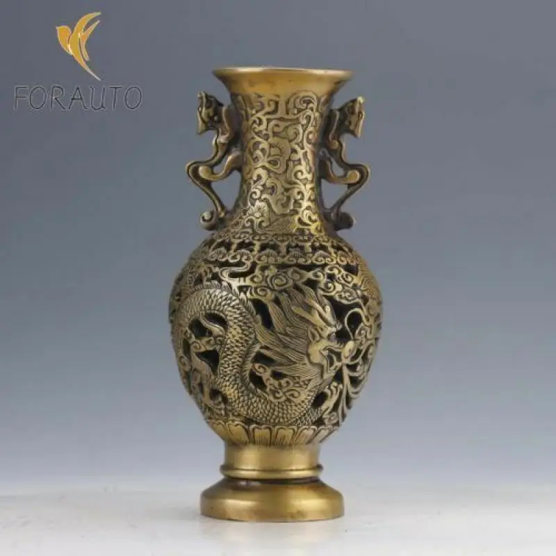 Chinese Brass Handwork Hollow Carved Dragon & Phoenix Vase Daqing Mark Collection Nice Art Work