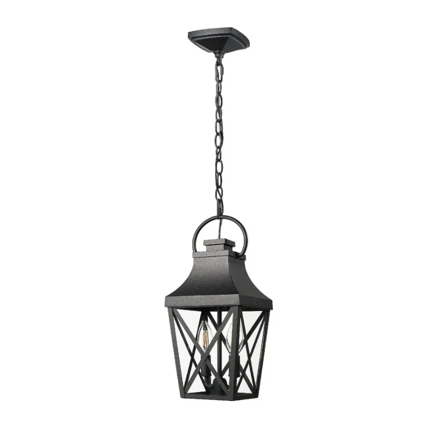 

Black Outdoor Pendant Light 2Light Outside Pendant Hanging Light Fixture Ceiling Mount with Clear Glass Industrial Hanging Cage