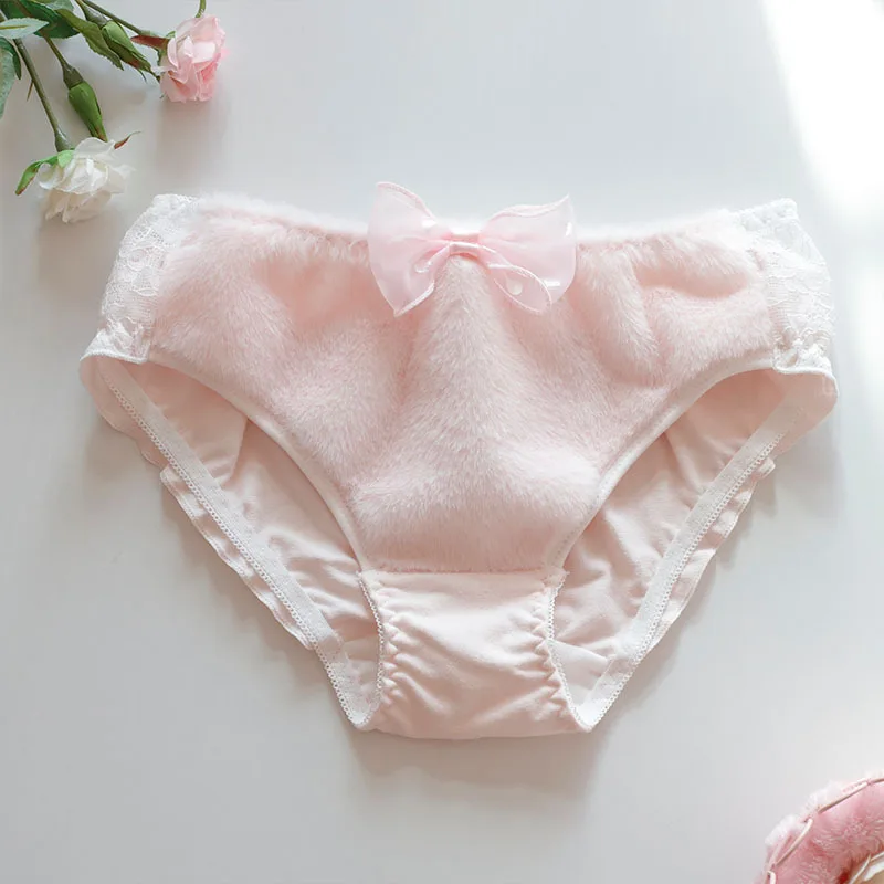 Damska zimowa bawełniana ciepła bielizna, puszyste, urocze, słodkie majtki w stylu księżniczki z kokardką, lolita, seksowne, koronkowe, ażurowe, na ramiączkach.