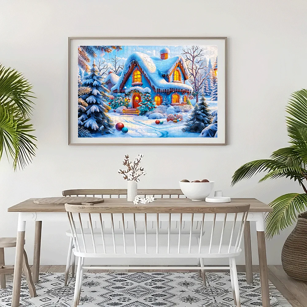 

[Рождественское издание-головоломка для взрослых] 1000 шт. Рождественская головоломка для взрослых - Праздничная сцена с снежной кабиной и яркими зимними цветами,