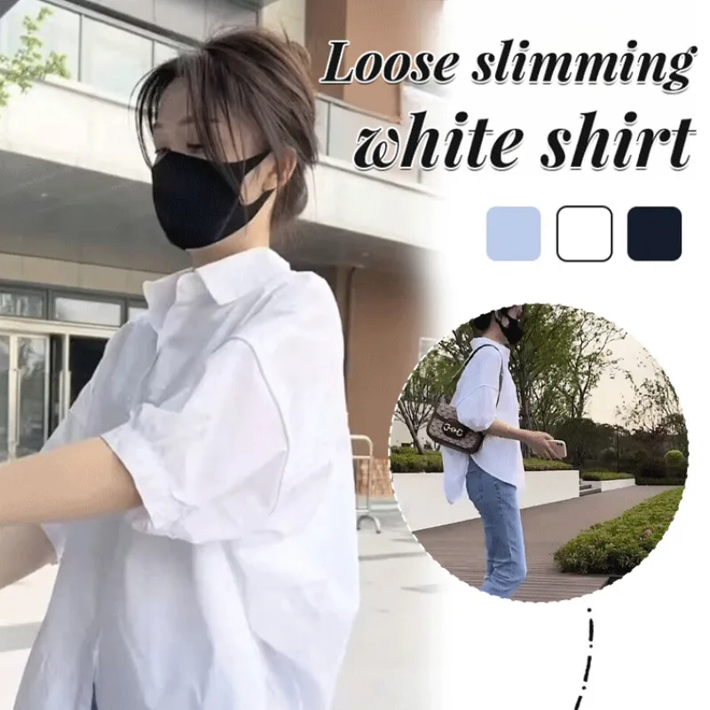 Women\'s loose thin mediumsleeved sunscreen small shirt White shirt casual thin shirt