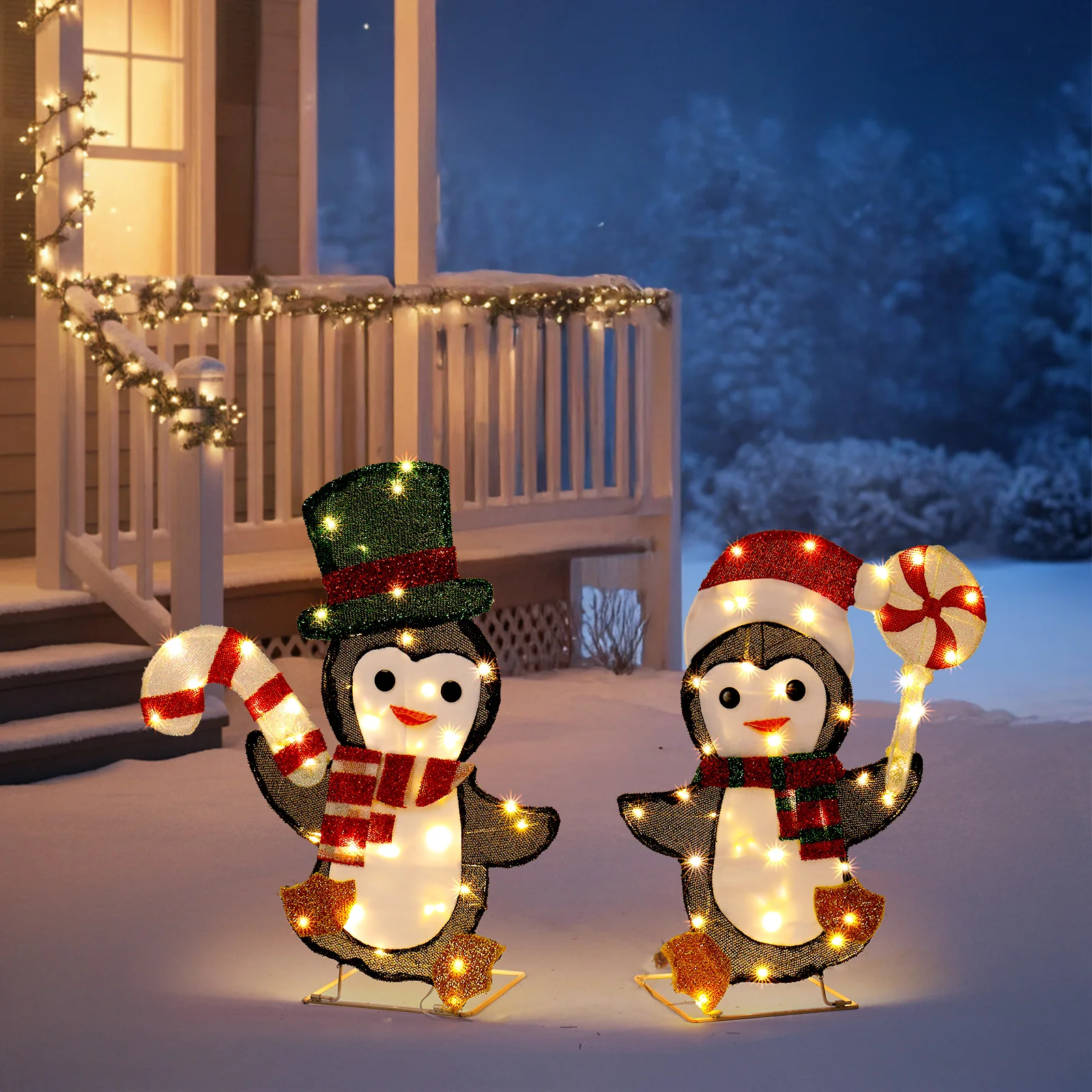 Set of 2 Pre-lit 2D Penguin Christmas Decorations, Lighted Penguin with Candy Cane, 80 Warm White LED Lights, Tinsel Fabric Xmas Yard Ornament for Indoor Outdoor Holiday Display