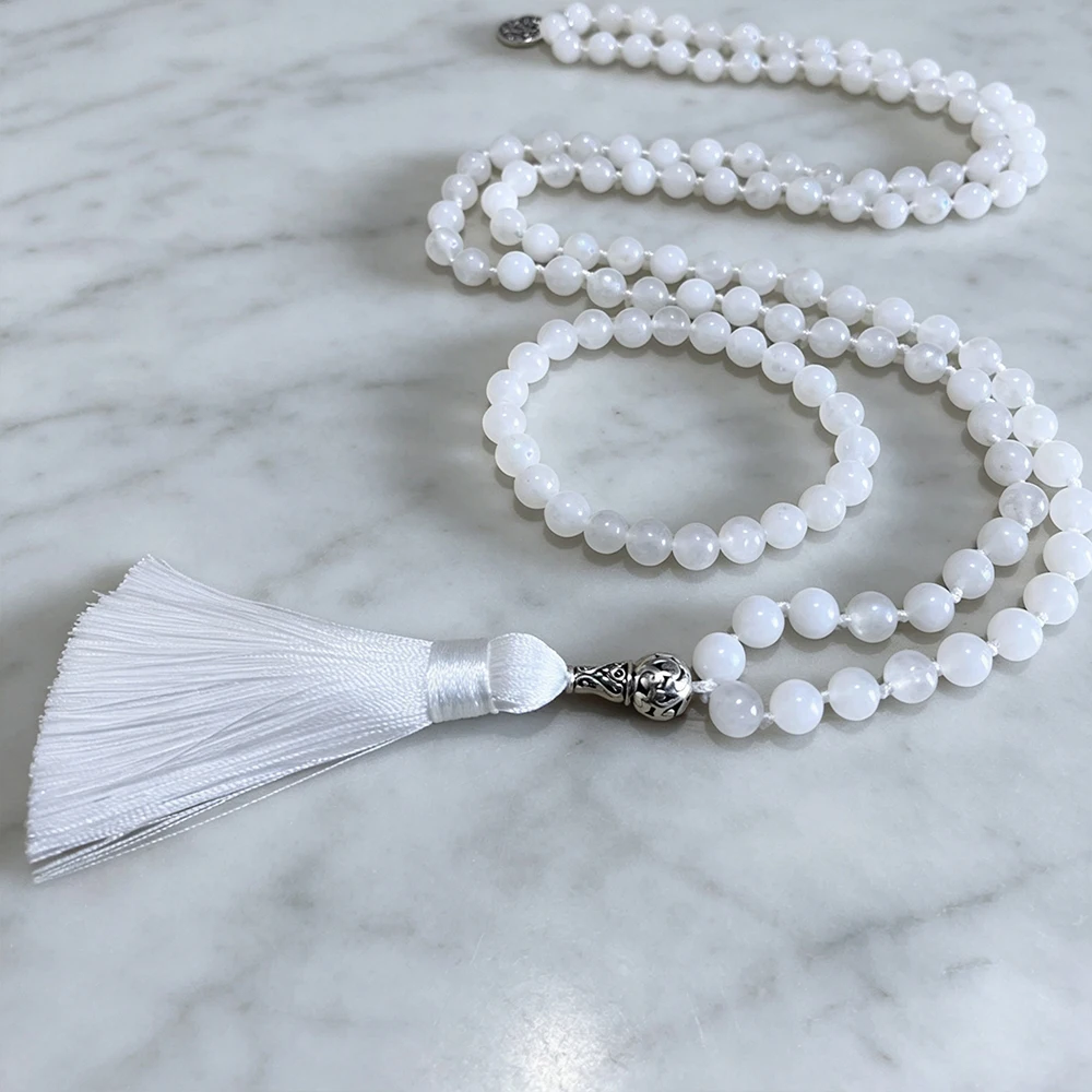 8 mm Mondstein-Perlenknoten, 108 Mala-Halskette, Armband-Set, Meditation, Yoga, Gebet, Japamala-Schmuck für Männer und Frauen – Detail 3