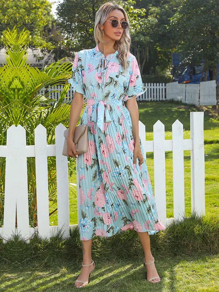 Msfilia Summer Printed Ruffle Short Sleeve Double Drawstring Pleated Dress A Line All Match Fashion Long Women image 4