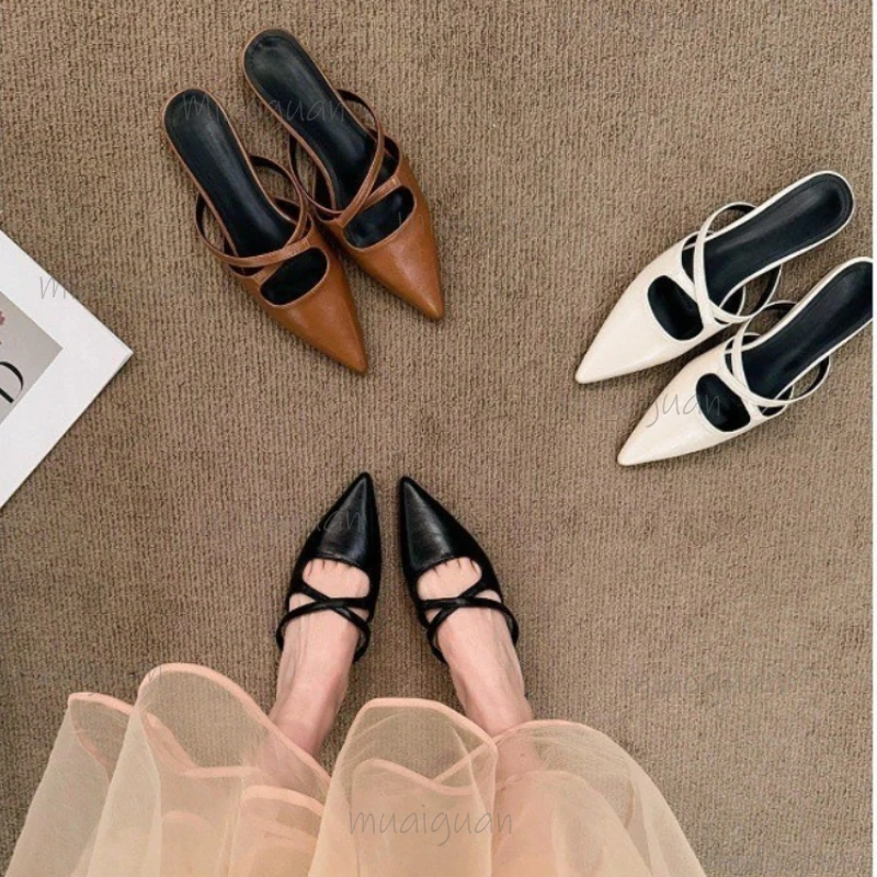 

Summer New Women Flat Slippers Fashion Retro Pointed Toe Slip On Retro Shoes Soft Flat Heel Outdoor Vacation Ladies Sandals