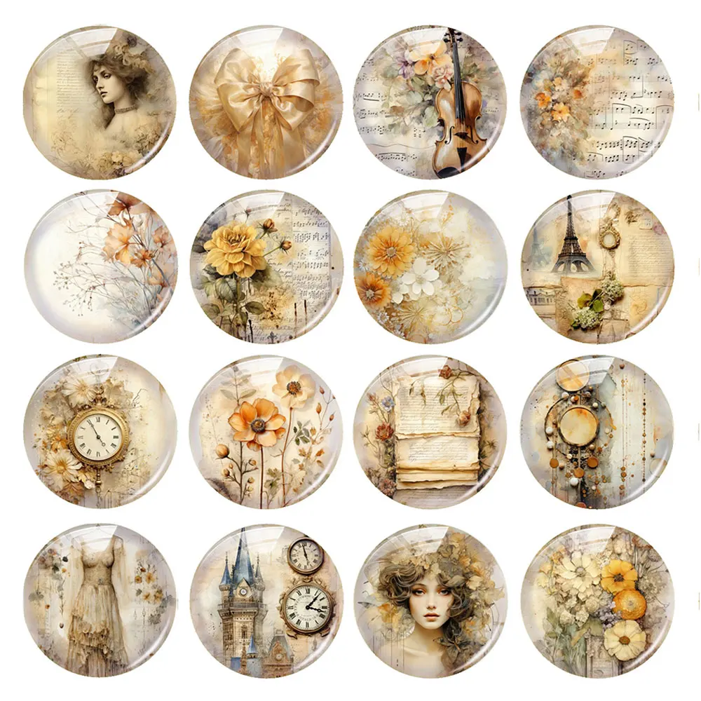 

Handmade Retro Gold Color Girl Plants Flower Round Photo Glass Cabochon Flatback Demo Flat Back Cameo For Diy Jewelry Making