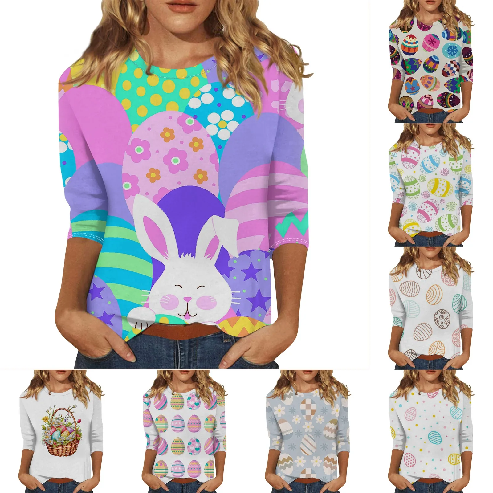 Women'S Round Collar Tops Fashion Casual 3/4 Sleeve T-Shirt Fun Cartoon Easter Bunny Egg Print Pullover Tops Daily Regular Tops