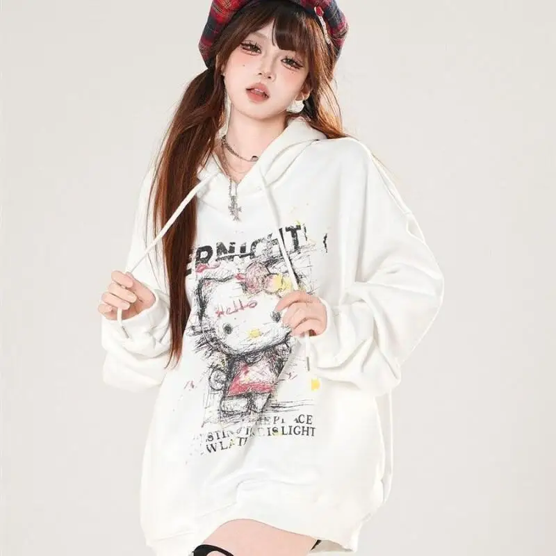 لطيف الكتابة على الجدران HelloKitty مطبوعة هوديي للرجال والنساء الخريف الكورية كسول نمط فضفاض هوديي معطف سانريو مرحبا كيتي الزي #1