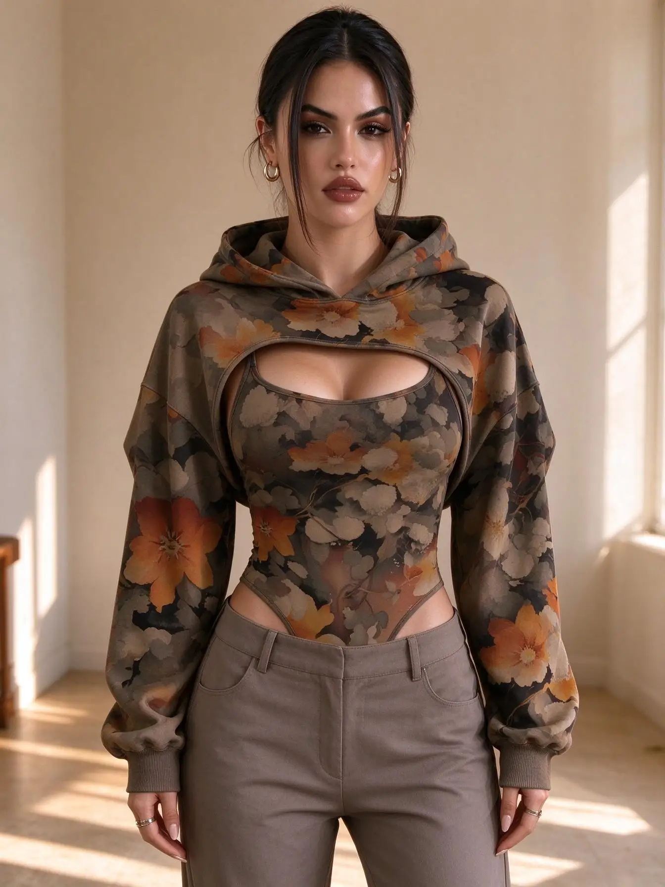 Women Vintage Camo Floral Print 2Pcs Outfit, Hooded Shrug & Spaghetti Strap Bodysuit