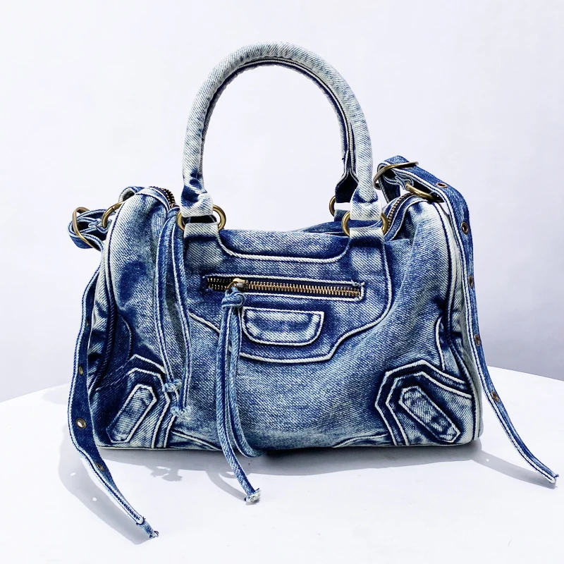 Moto & Bike Vintage Denim Tote Bags For Women Luxury Designer Handbag And Purse 2024 New In Simple Commuting Shoulder Crossbody