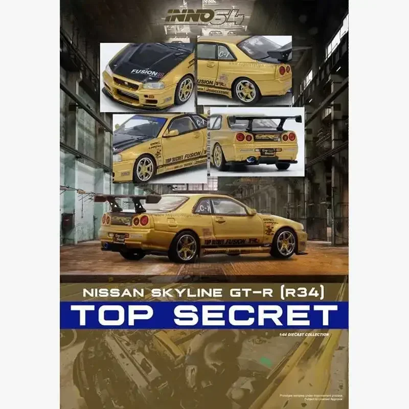 

PreSale INNO 1:64 TOP SECRET Nissan Skyline R34 GTR Gold Diecast Diorama Car Model Collection Miniature Toys