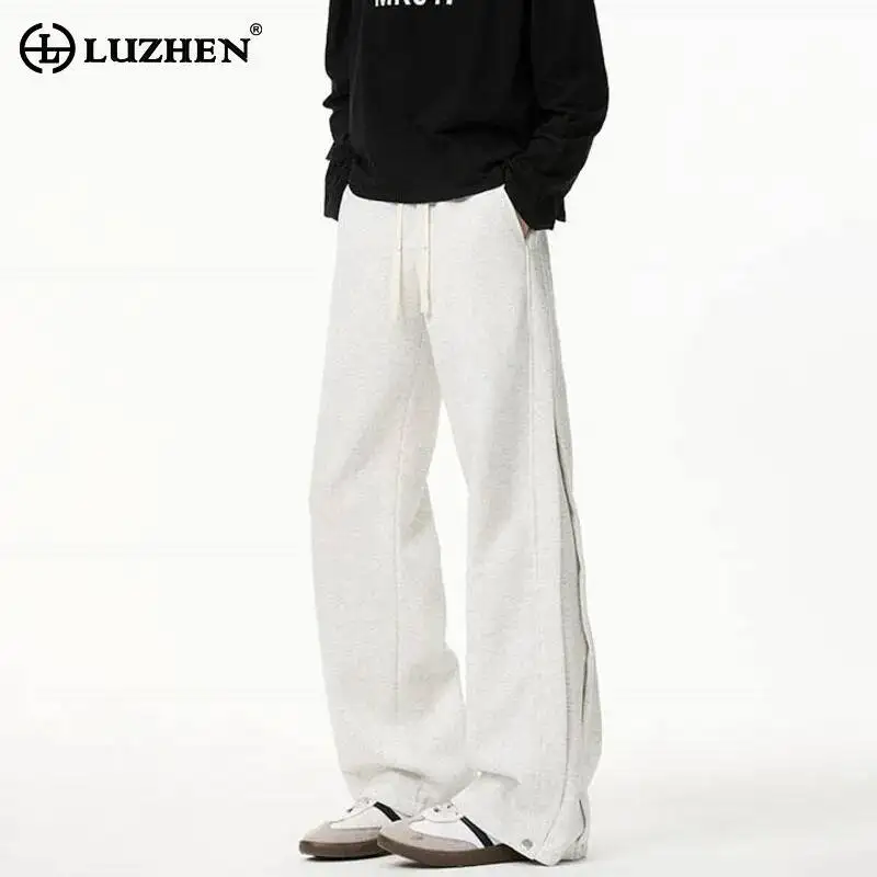 LUZHEN 2026 New Solid Color Fold Splicing Design Straight Casual Pants Men's Fashion Drawstring Elastic Waist Trousers JY7831